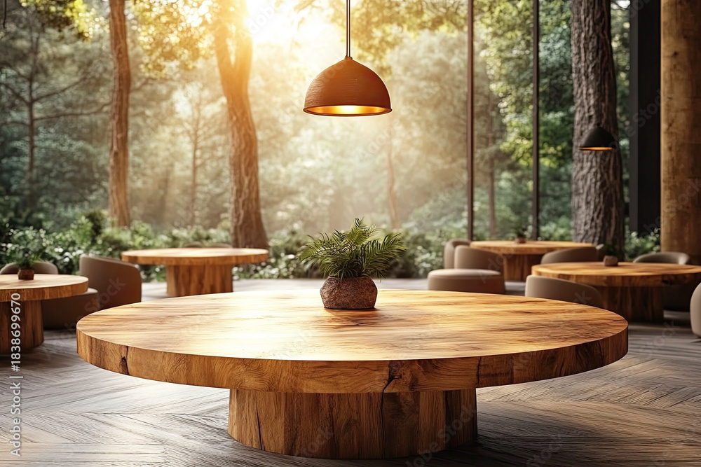 Fototapeta premium A modern wooden table surrounded by stylish seating, illuminated by a pendant light, set in a serene forest environment.