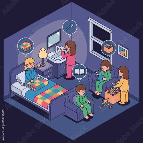 Children's evening routine in a cozy bedroom, with kids brushing teeth, reading, and playing before bed.