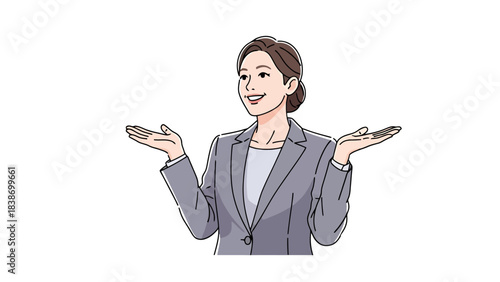Professional Businesswoman Gesturing with Open Hands in a Modern Office Environment