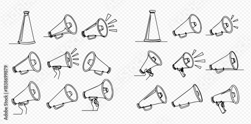 Set of Hand-Drawn Megaphone Icons with Different Angles and Sound Effects, Vector Illustration.