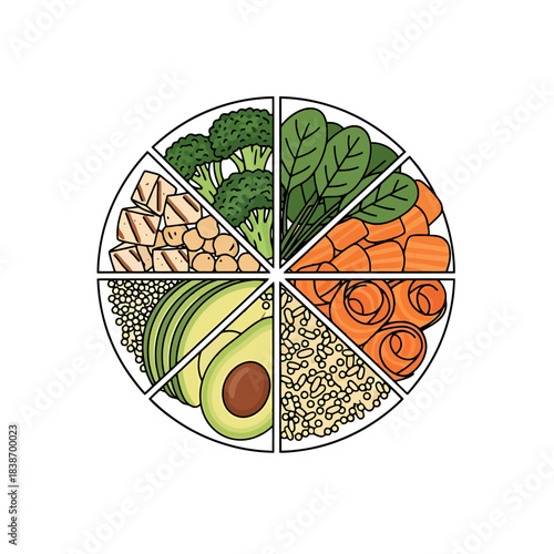 Healthy Vegan Meal Bowl Divided Into Sections with Fresh Vegetables and Grains