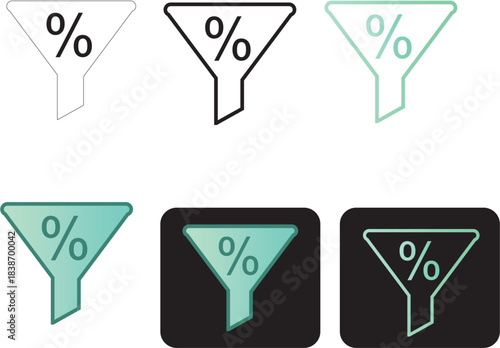 Modern vector infographic collection of percentage filter funnel icons for data analysis, discount rate selection, and optimization processes in business applications