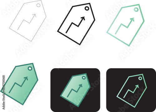 Modern vector icon set representing business growth and market trends with a minimalist price tag and upward arrow chart design