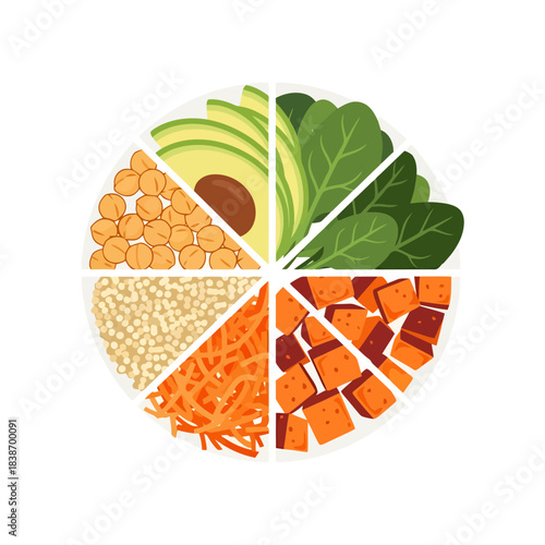 Healthy Eating Bowl with Fresh Ingredients Avocado Spinach Sweet Potato Carrots Chickpeas and Grains Top View