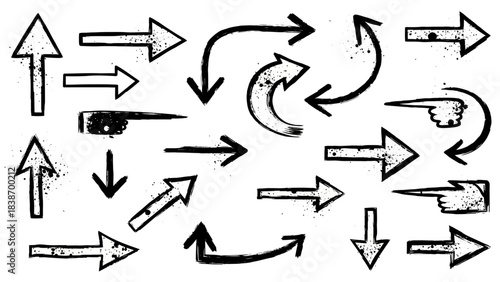 Collection of Grunge Vector Arrows with a Hand Drawn Style on a White Background