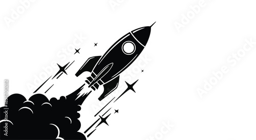 Sleek black rocket blasting off into space leaving a trail of smoke and stars.