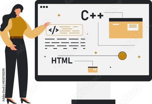 Business Lady Explaining Web programming. Young women showing screen computer programmer software coding language.