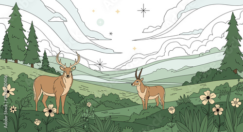 Beautiful hand-drawn illustration of a tranquil nature scene with a majestic deer and an antelope in a green forest landscape.