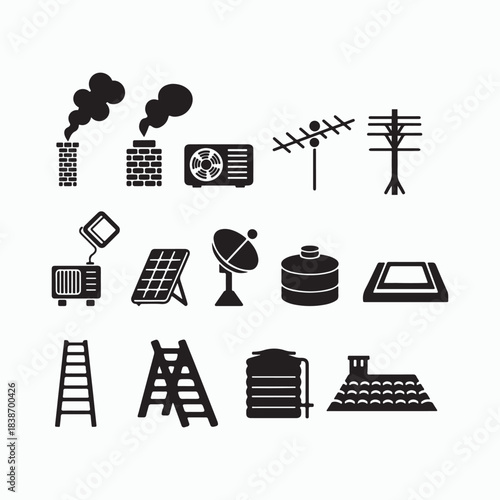 Industrial infrastructure and energy production black silhouette icon set