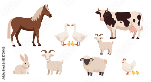 Cute collection of various cartoon farm animals isolated on a white background, including a horse, cow, goat, sheep, and rabbit.