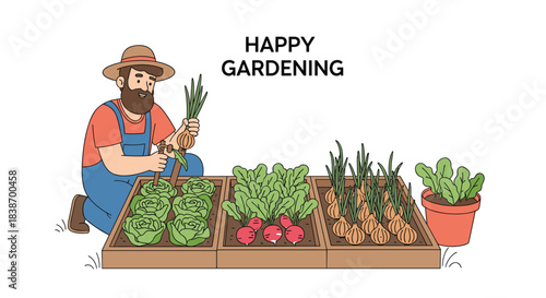 Happy bearded man in overalls and a hat harvesting fresh onions in a raised garden bed with lettuce and radishes illustration.