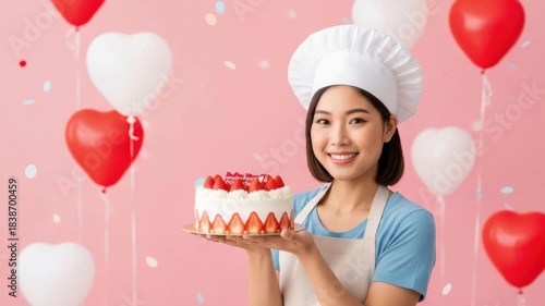 Young Asian Baker Woman Holding Strawberry Cake with Heart Balloons.