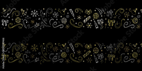 Festive doodles and ornate decorations on a black background create a holiday border