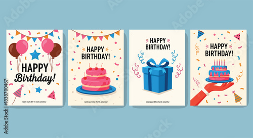 Birthday, cards, celebration, balloons, cake, candles, gift, box, confetti, stars, party, hats, greeting, festive, colorful, hand, ribbon, blue, background, illustration