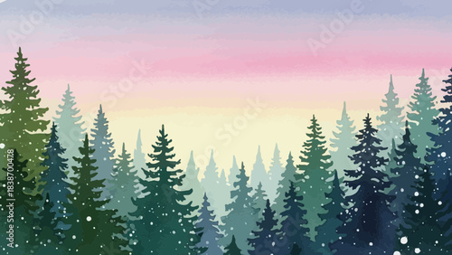 Watercolor winter forest background with snow, beautiful sunset and pine trees