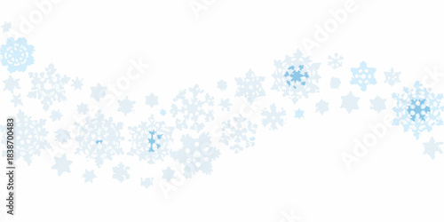 A gentle flurry of light blue snowflakes drifts across a white background