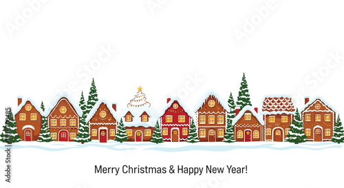 Festive winter banner with a row of cute gingerbread houses decorated with icing and candy, covered in snow for Christmas.
