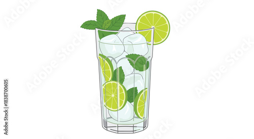 Refreshing and classic mojito cocktail in a tall glass, filled with ice cubes, fresh mint leaves, and slices of lime.