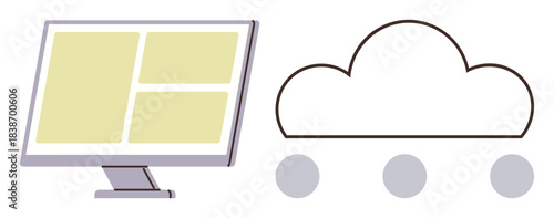 Monitor displaying data panels beside a cloud design representing cloud computing and connectivity. Ideal for technology, data transfer, cloud storage, online collaboration, remote access, IT