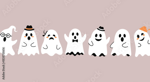 Cute and spooky Halloween banner featuring a row of seven friendly cartoon ghosts with different funny expressions and hats.