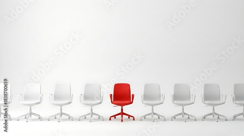 One red office chair standing out in a row of white chairs 