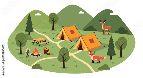 Peaceful cartoon illustration of a forest campsite with tents, a bonfire, a picnic table, and friendly deer and fox animals.