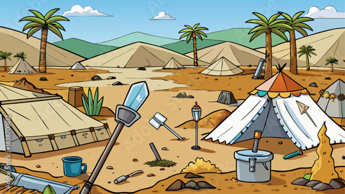Cartoon Archaeological Dig Scene – Excavation Site Illustration