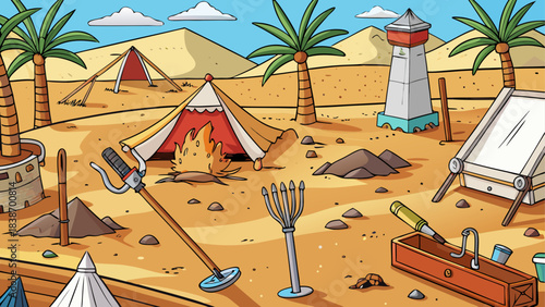 Cartoon Archaeological Dig Scene – Excavation Site Illustration