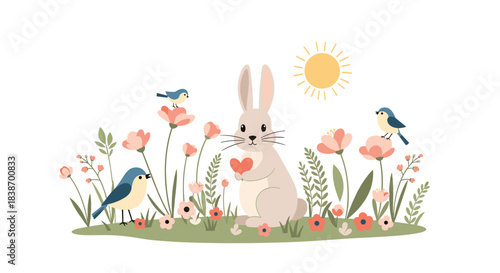 Charming spring scene with a cute bunny holding a red heart in a flower meadow under the sun with little blue birds nearby.