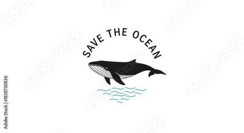 Environmental logo or emblem with a hand-drawn whale and waves, featuring the message Save The Ocean for conservation.