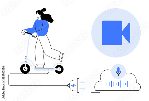 Transportation, green energy, voice control, cloud computing, video communication, smart devices. Woman riding an electric scooter, video icon cloud with sound waves. Transportation and green energy
