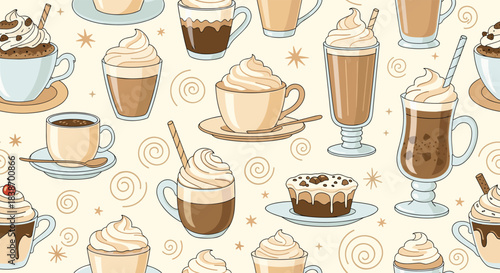 Cozy seamless pattern of various coffee drinks like latte and cappuccino with whipped cream, muffins, and decorative swirls.