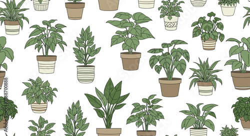 Minimalist seamless pattern of various hand-drawn indoor houseplants in simple pots, creating a cozy urban jungle background.
