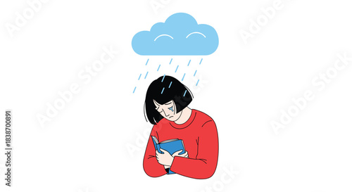 Illustration of a sad, crying young woman hugging a book under a personal rain cloud, depicting depression and loneliness.