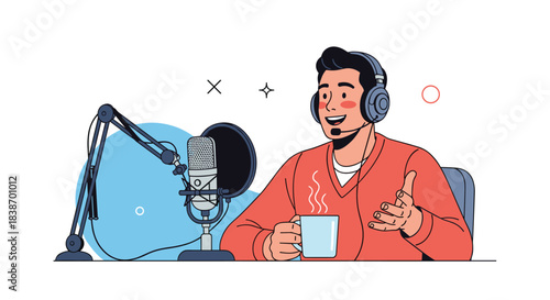 A cheerful male podcaster with headphones speaking into a microphone while holding a mug, illustrating a live broadcast or stream.
