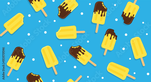 A fun and refreshing seamless pattern of yellow popsicles, some with chocolate topping, scattered on a bright blue background.