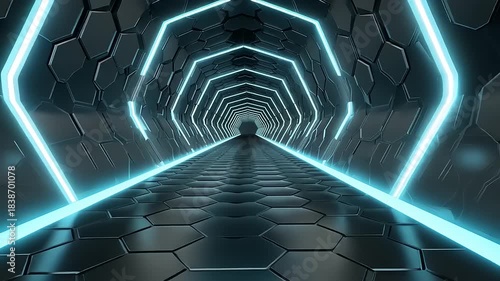 Futuristic tunnel with hexagonal shapes and glowing blue neon lights creating a sense of depth and