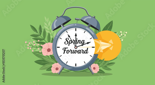 Spring forward daylight saving time concept illustration with an alarm clock, flowers, and leaves on a green background.