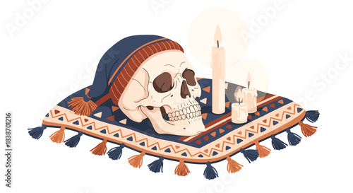 A mystical still life illustration of a human skull wearing a beanie, resting on an ornamental rug with lit candles.
