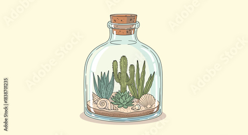 A hand-drawn illustration of a desert terrarium in a glass bottle with a cork, containing cacti, succulents, and seashells.