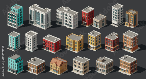 Isometric, urban, buildings, architecture, cityscape, residential, commercial, diverse, styles, vector, illustration, modern, brick, glass, concrete, design, facade, balcony, planning, colorful