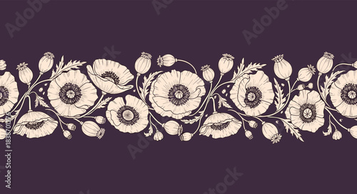 An elegant, vintage-style seamless floral border of hand-drawn poppy flowers and seed pods in a monochrome engraving style.