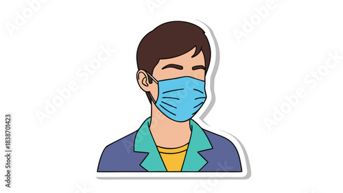 Person wearing a blue surgical face mask and a casual outfit with a teal collared shirt and a dark blue jacket against a black background with white outline sticker effect