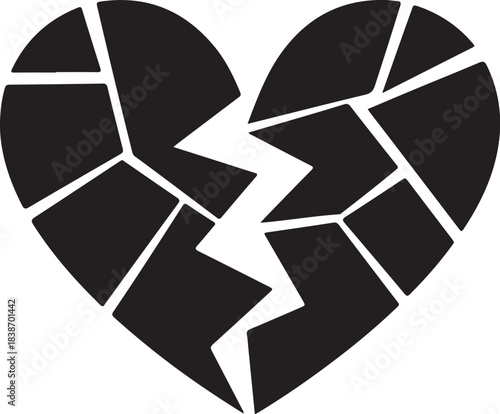 Black broken heart graphic with jagged crack cracked heart