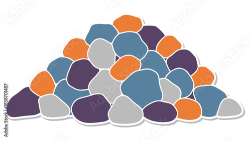 Pile of Smooth Rounded Stones in Various Earth Tones with White Outline and Black Background