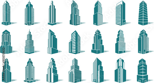 Skyscraper icon set, isometric building illustration, modern architecture, teal high-rise design, urban planning, city skyline, vector collection