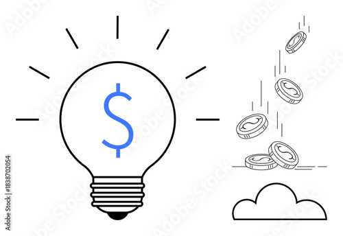Financial innovation, entrepreneurship, idea generation, monetary success, business development, wealth creation. Light bulb with dollar sign and coins falling into a cloud. Financial innovation