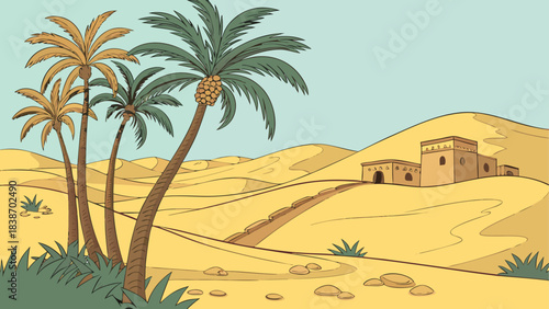 Desert Landscape Silhouette Illustration with Cacti and Sunset