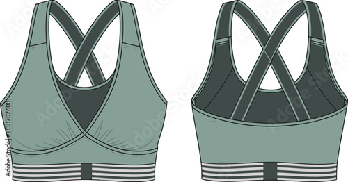 Sports bra front view, back view, activewear design, fashion flat, technical sketch, workout garment, cad drawing flat vector illustration