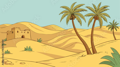 Desert Landscape Silhouette Illustration with Cacti and Sunset